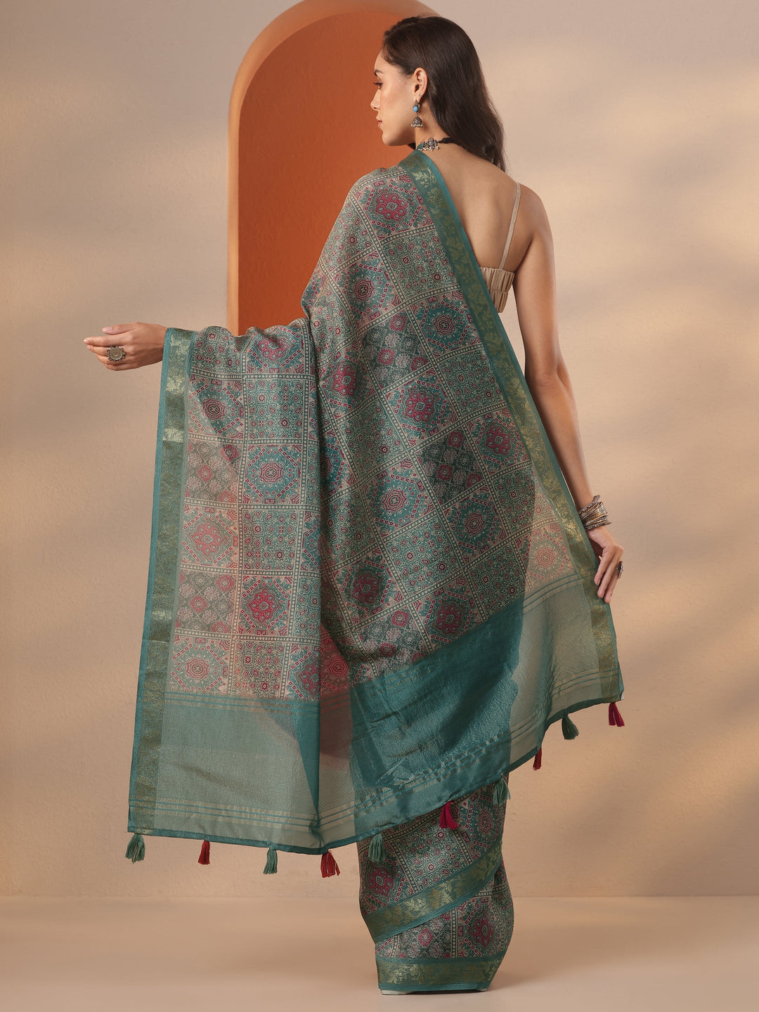  Green Printed Chinon Saree With Unstitched Blouse Piece 
