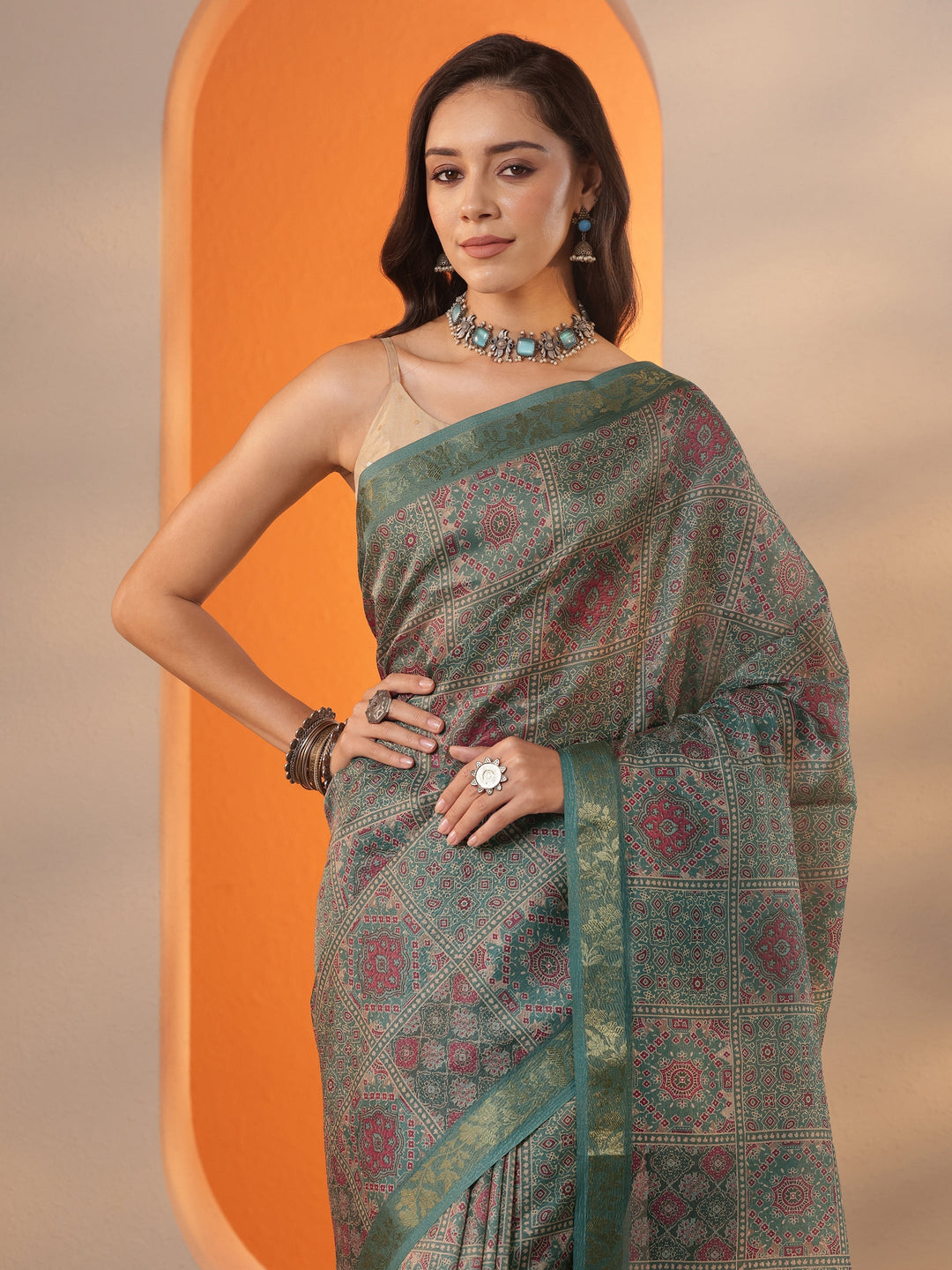  Green Printed Chinon Saree With Unstitched Blouse Piece 