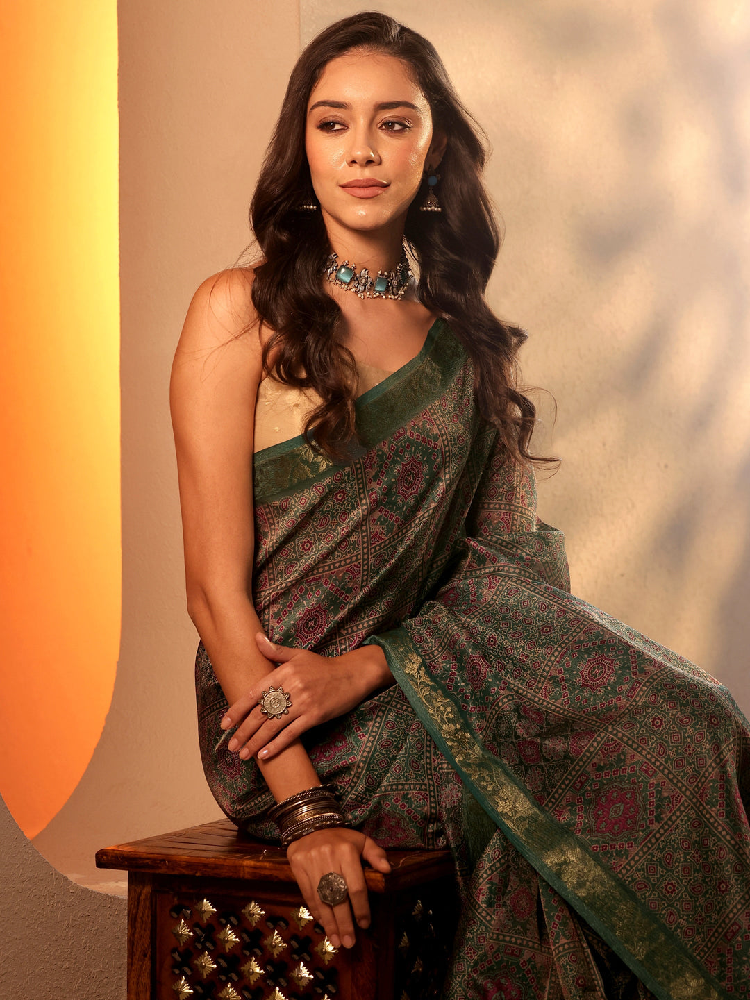  Green Printed Chinon Saree With Unstitched Blouse Piece 