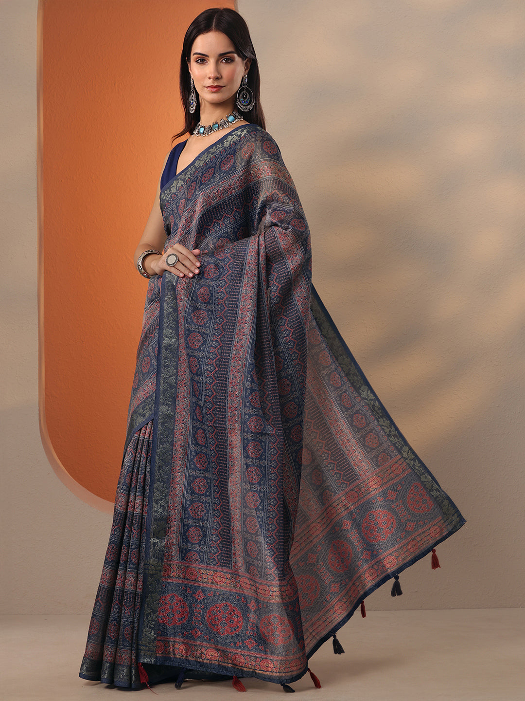  Blue Printed Chinon Saree With Unstitched Blouse Piece 