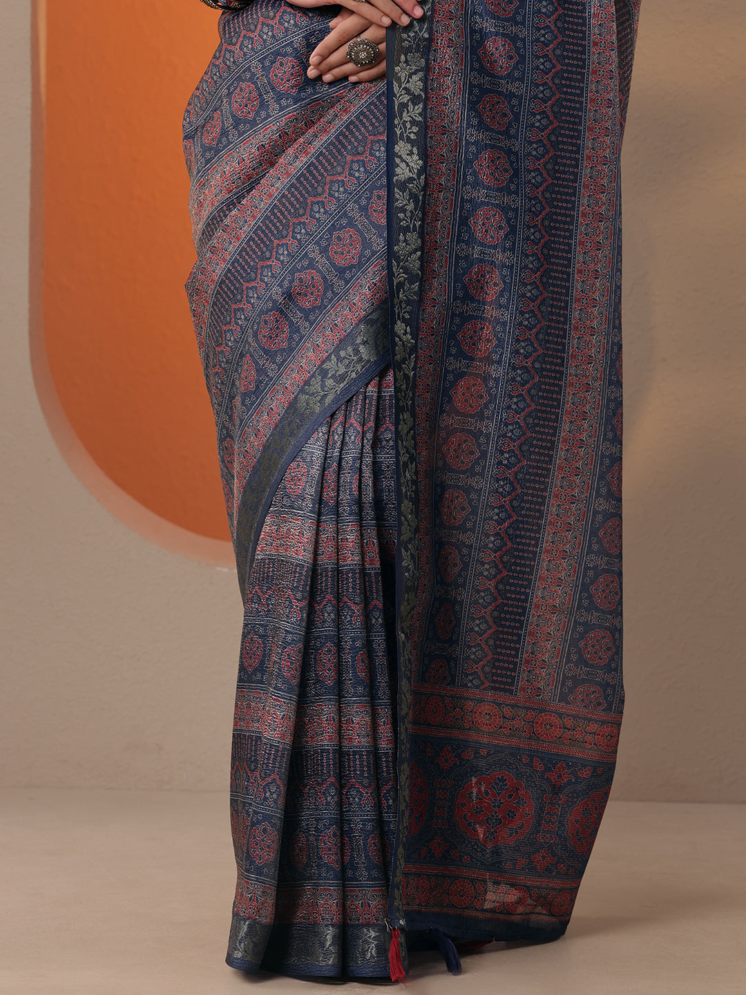  Blue Printed Chinon Saree With Unstitched Blouse Piece 