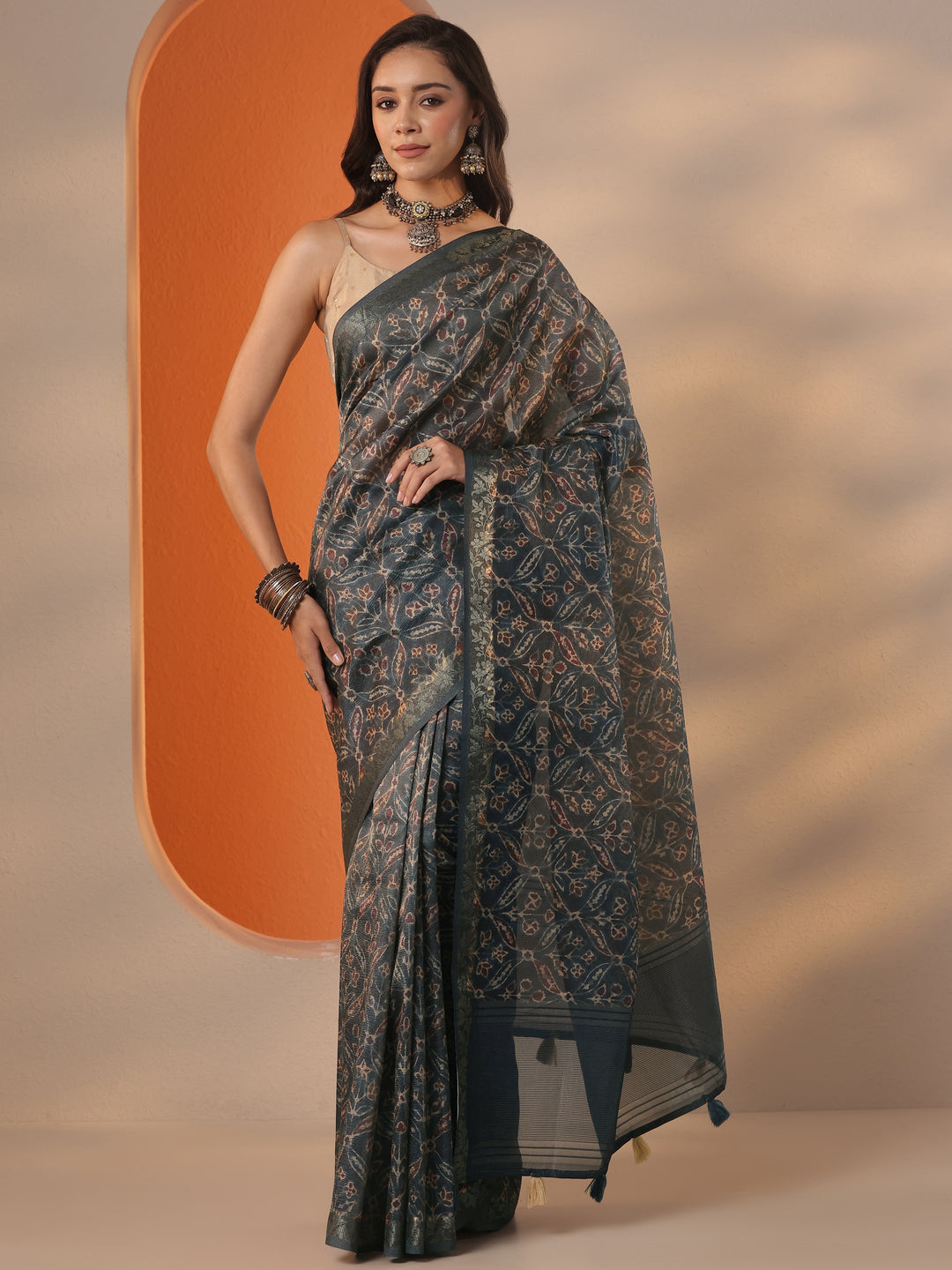  Blue Printed Chinon Saree With Unstitched Blouse Piece 