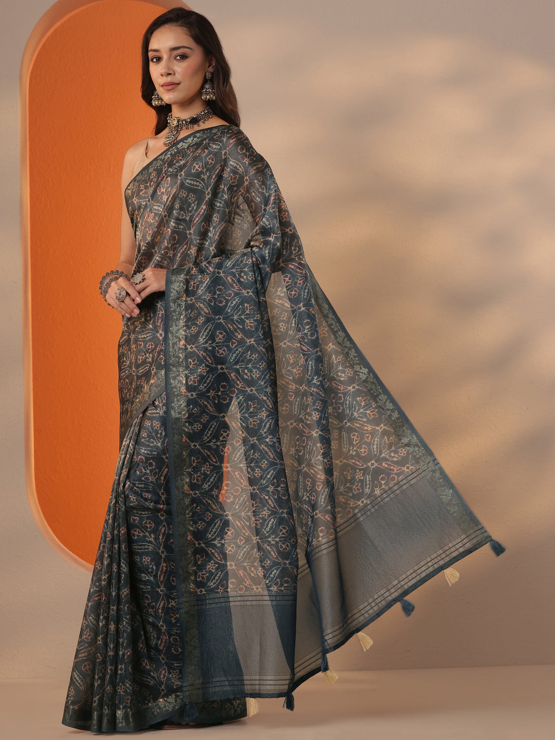  Blue Printed Chinon Saree With Unstitched Blouse Piece 