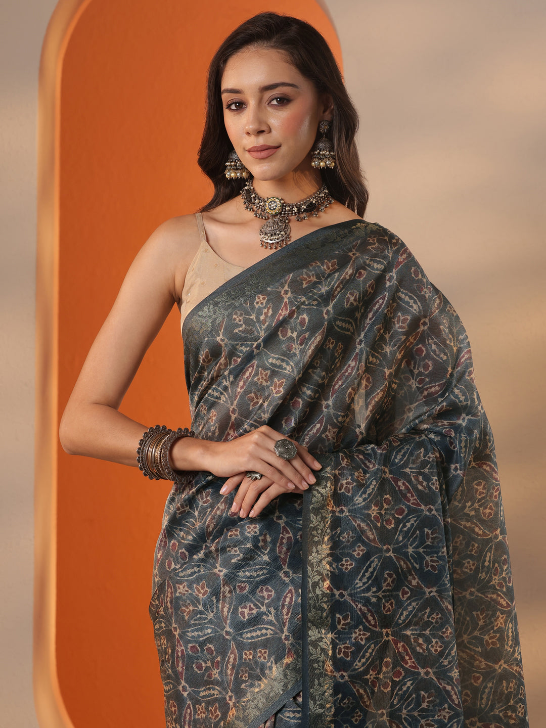  Blue Printed Chinon Saree With Unstitched Blouse Piece 
