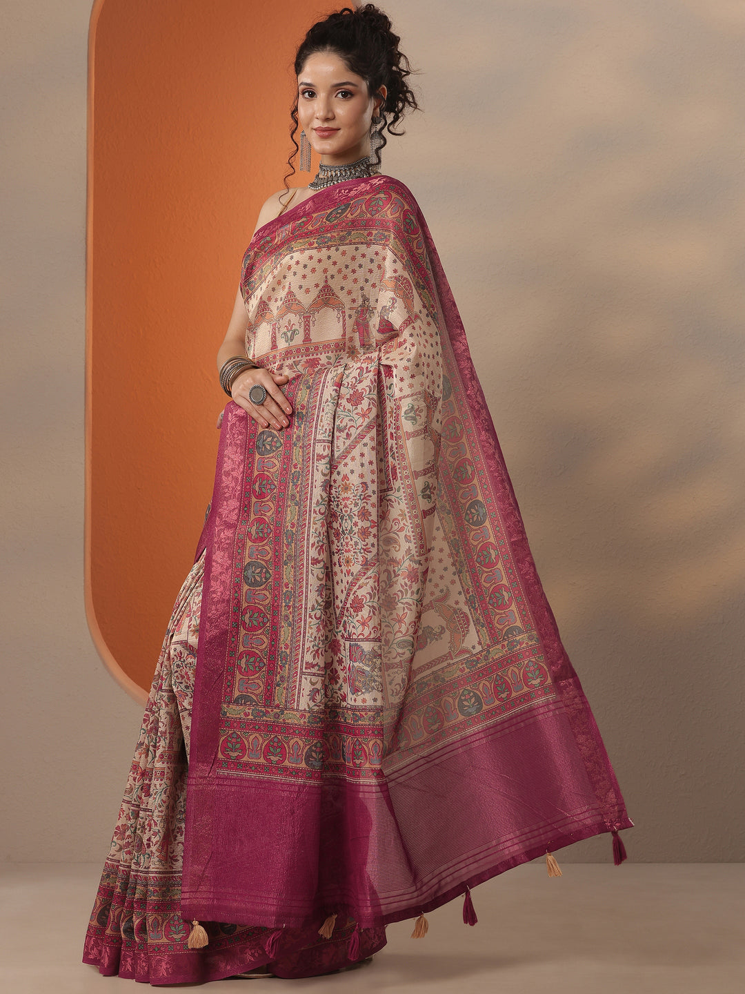  Cream Printed Chinon Saree With Unstitched Blouse Piece 