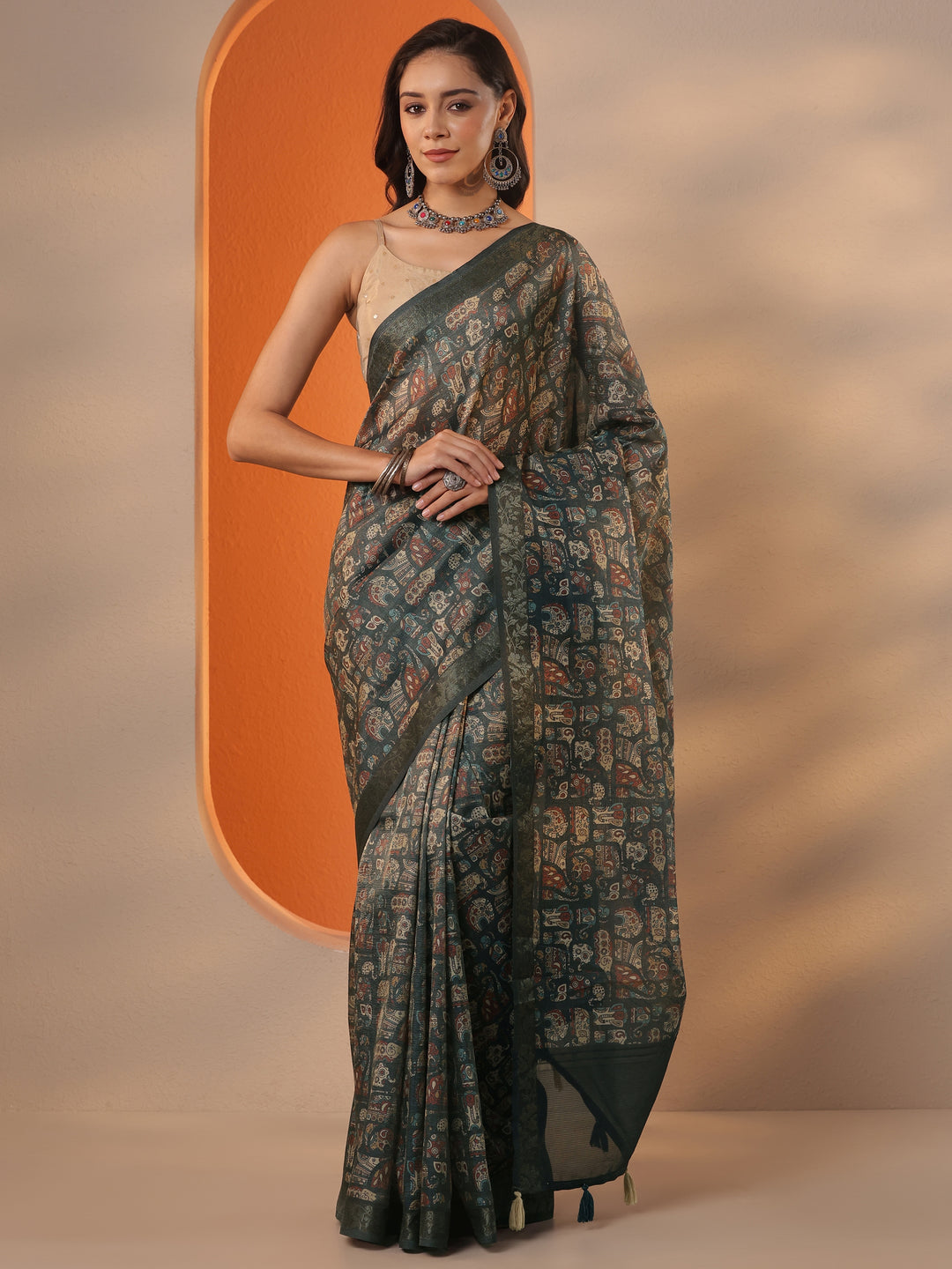  Blue Tribal Printed Chinon Saree With Unstitched Blouse Piece 