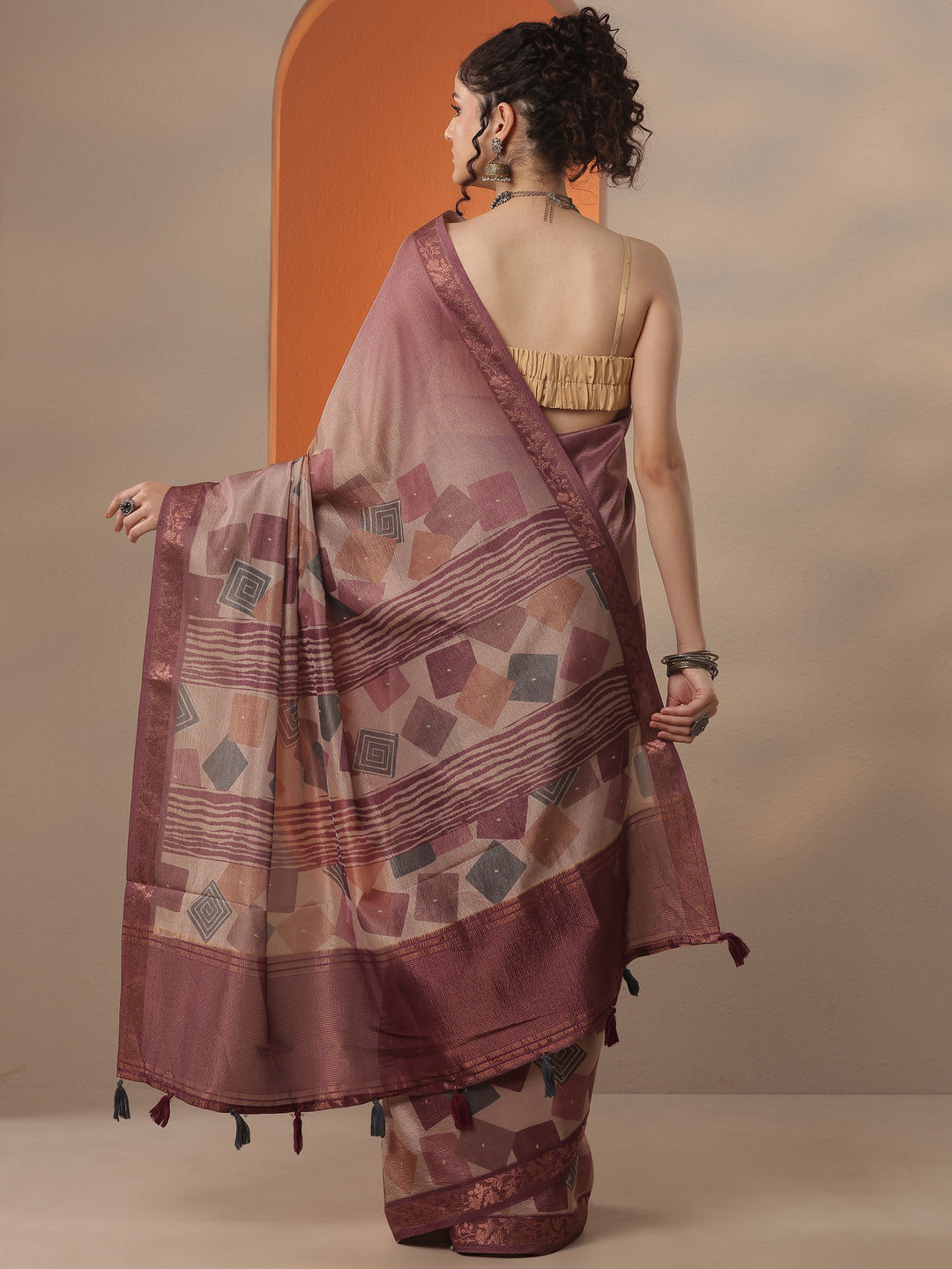  Mauve Printed Chinon Saree With Unstitched Blouse Piece 
