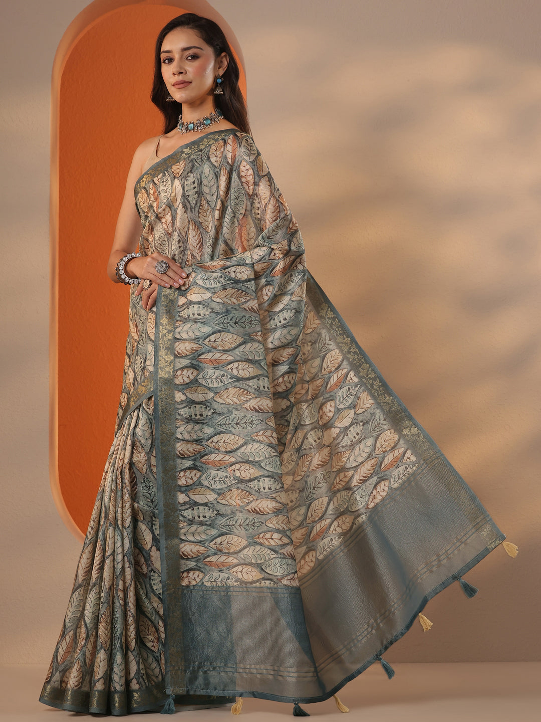  Blue Printed Chinon Saree With Unstitched Blouse Piece 