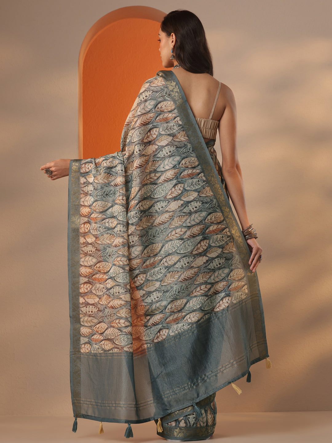  Blue Printed Chinon Saree With Unstitched Blouse Piece 
