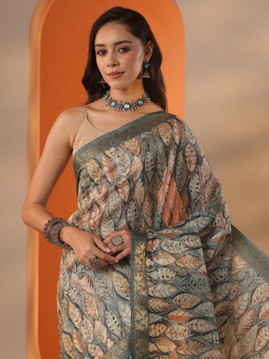  Blue Printed Chinon Saree With Unstitched Blouse Piece 