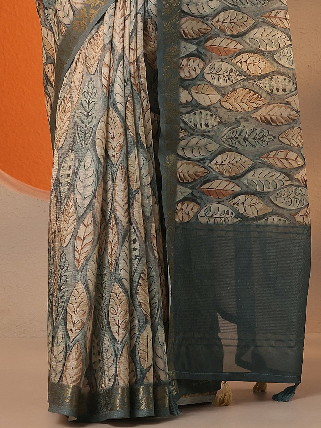  Blue Printed Chinon Saree With Unstitched Blouse Piece 