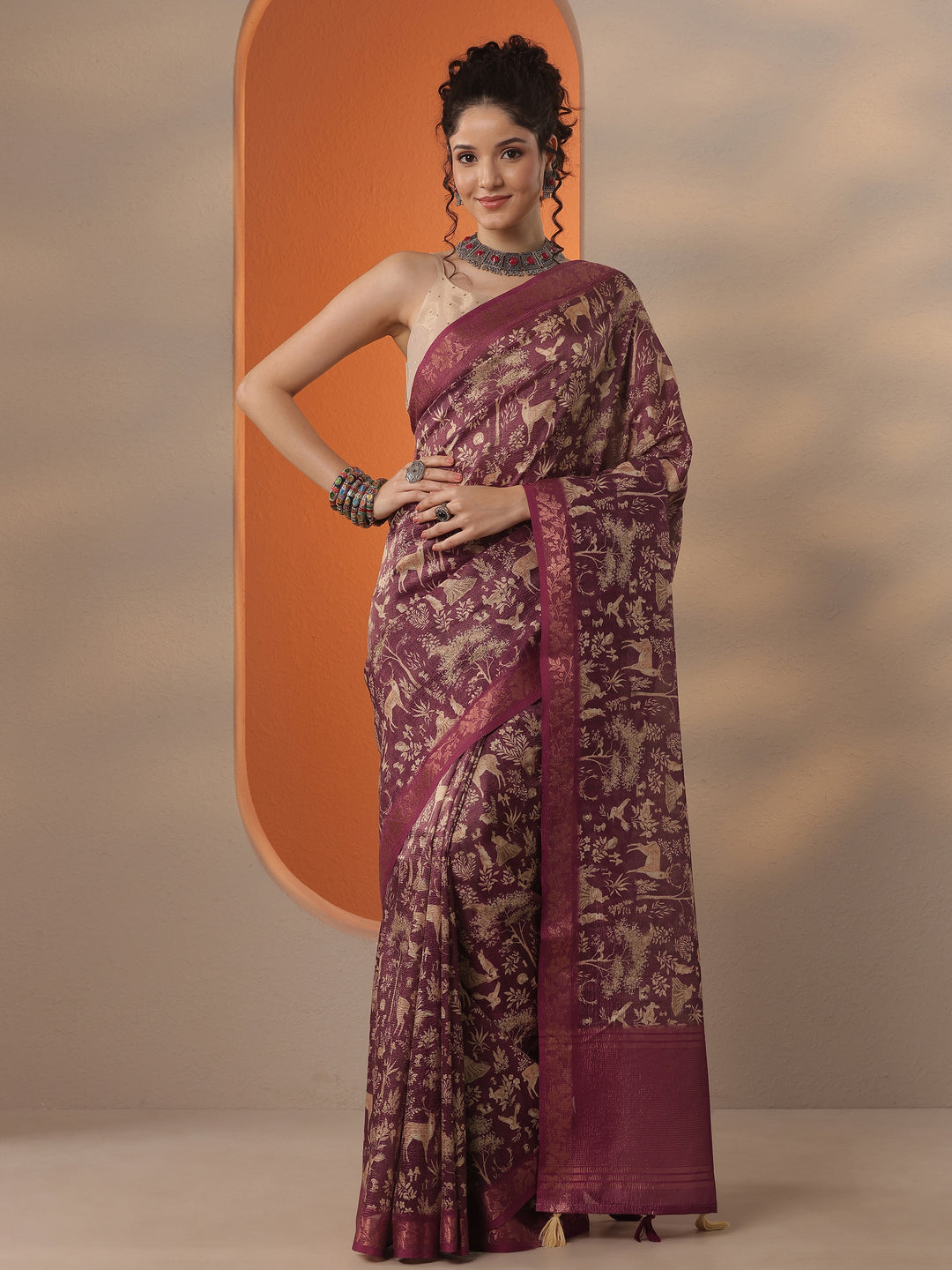  Burgundy Tribal Printed Chinon Saree With Unstitched Blouse Piece 