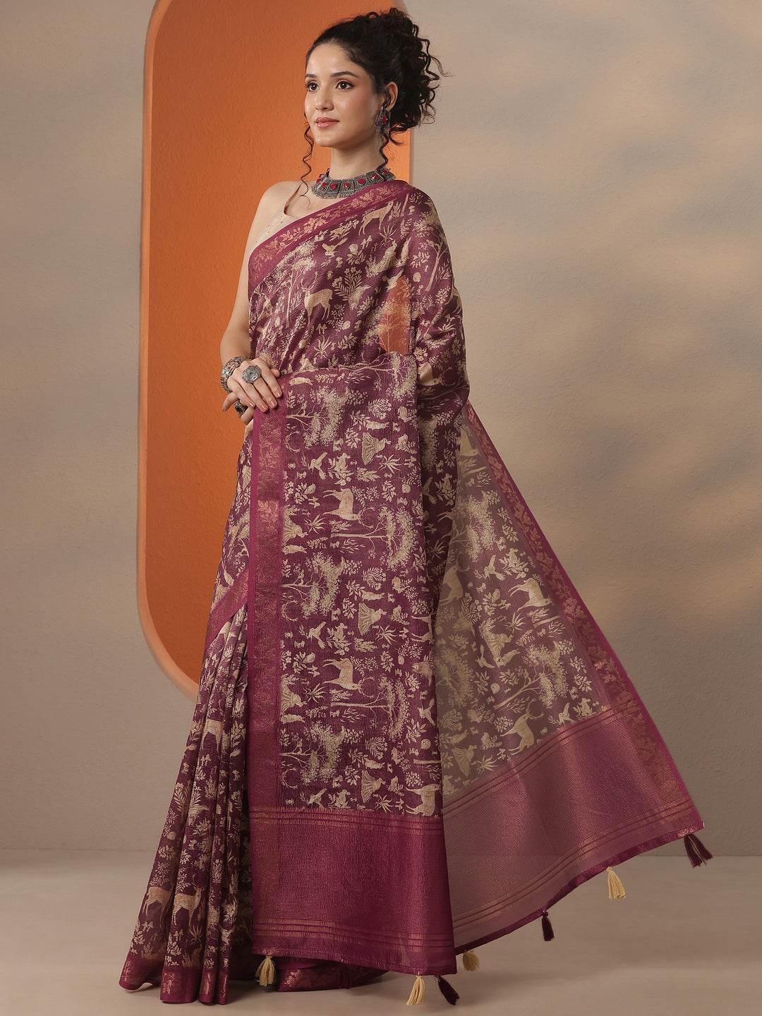  Burgundy Tribal Printed Chinon Saree With Unstitched Blouse Piece 