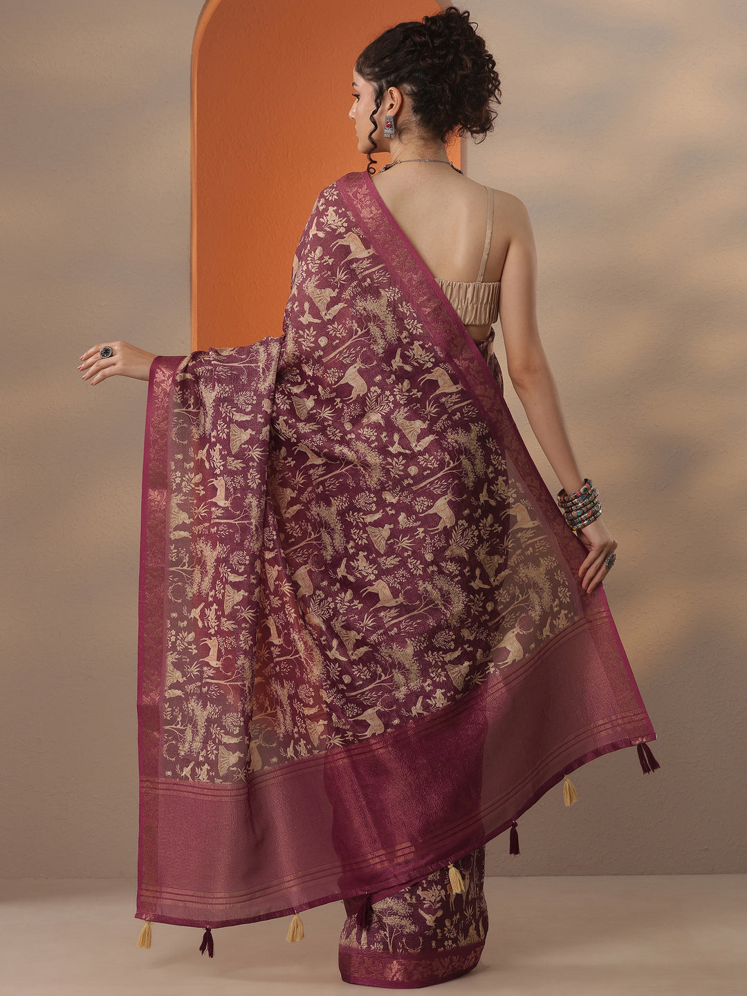  Burgundy Tribal Printed Chinon Saree With Unstitched Blouse Piece 