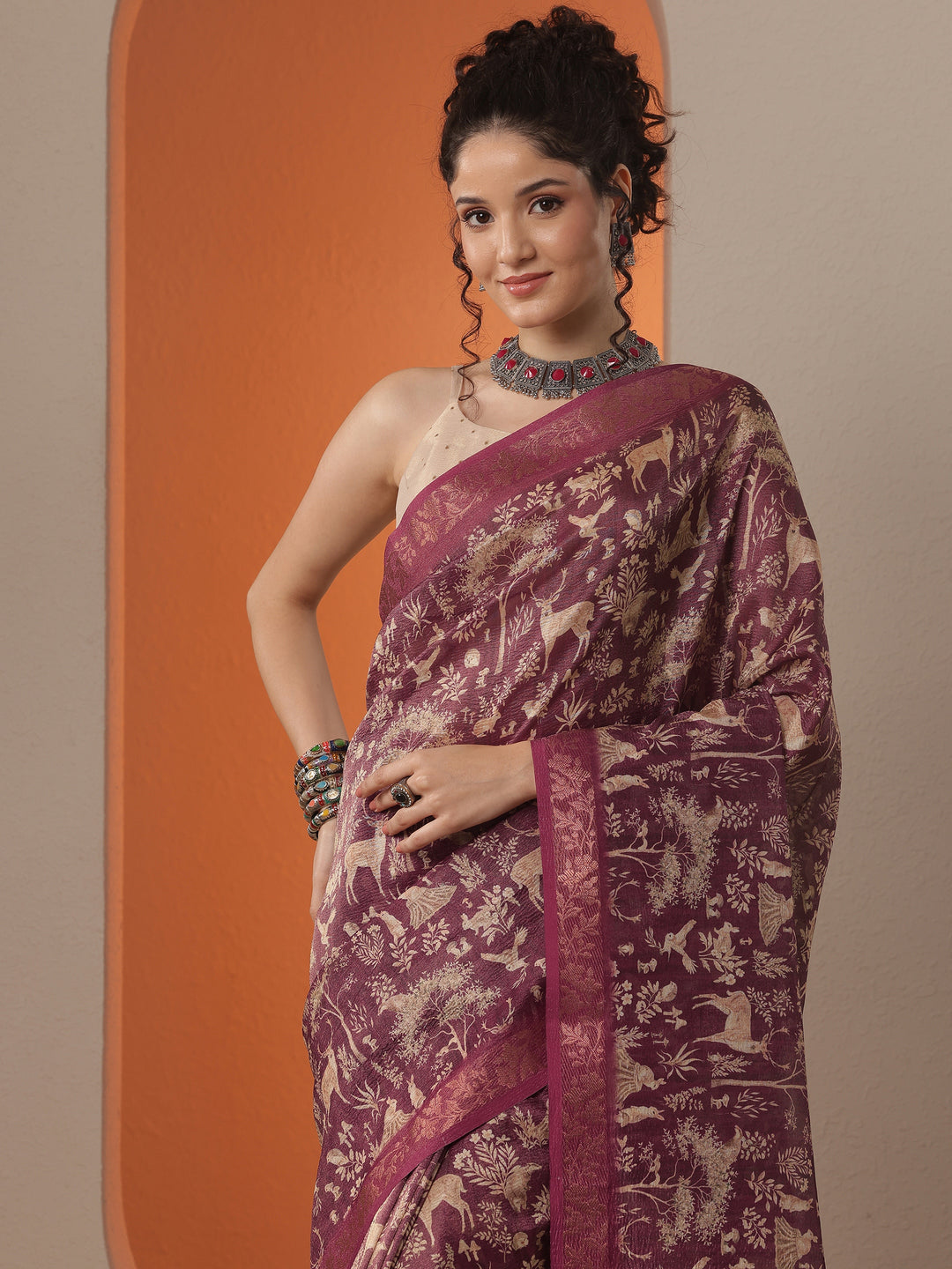  Burgundy Tribal Printed Chinon Saree With Unstitched Blouse Piece 