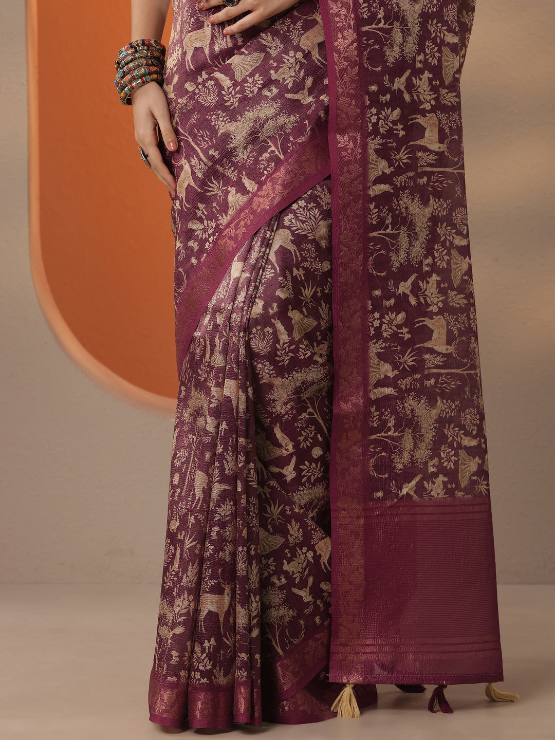  Burgundy Tribal Printed Chinon Saree With Unstitched Blouse Piece 