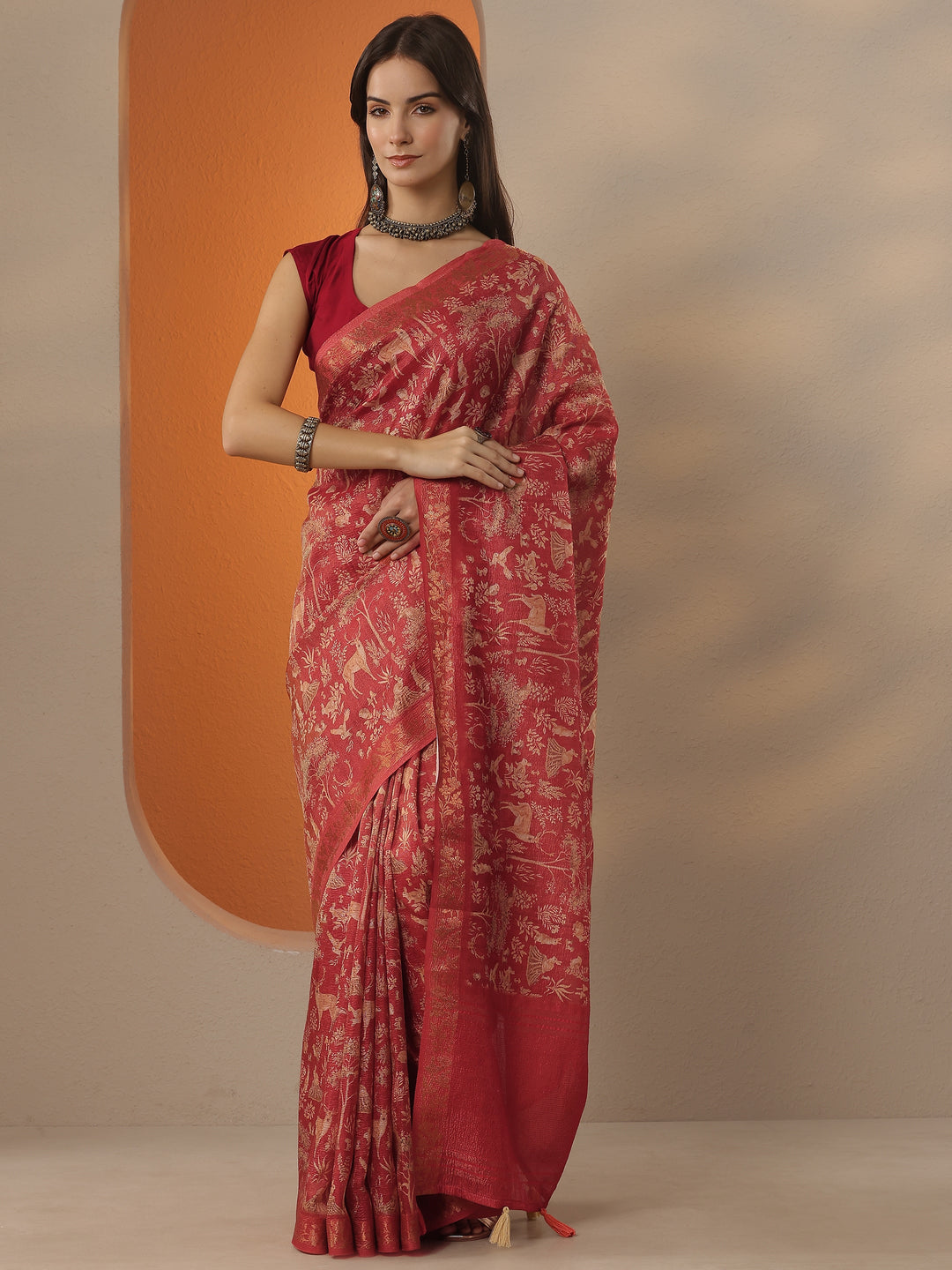  Red Tribal Printed Chinon Saree With Unstitched Blouse Piece 