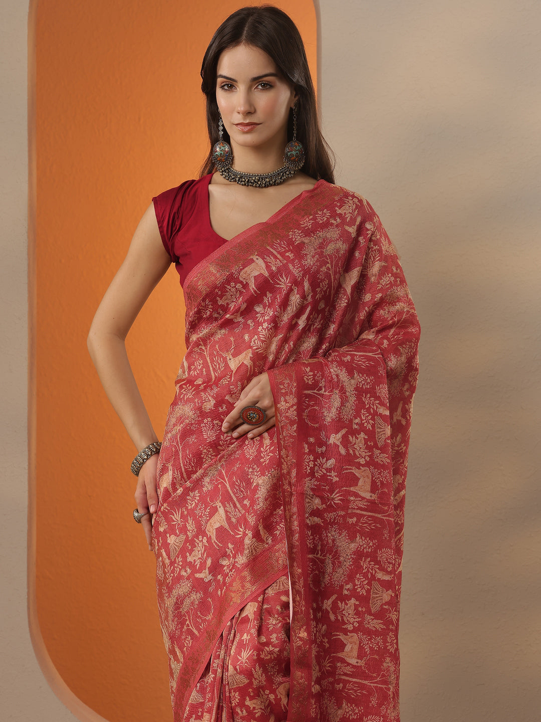  Red Tribal Printed Chinon Saree With Unstitched Blouse Piece 