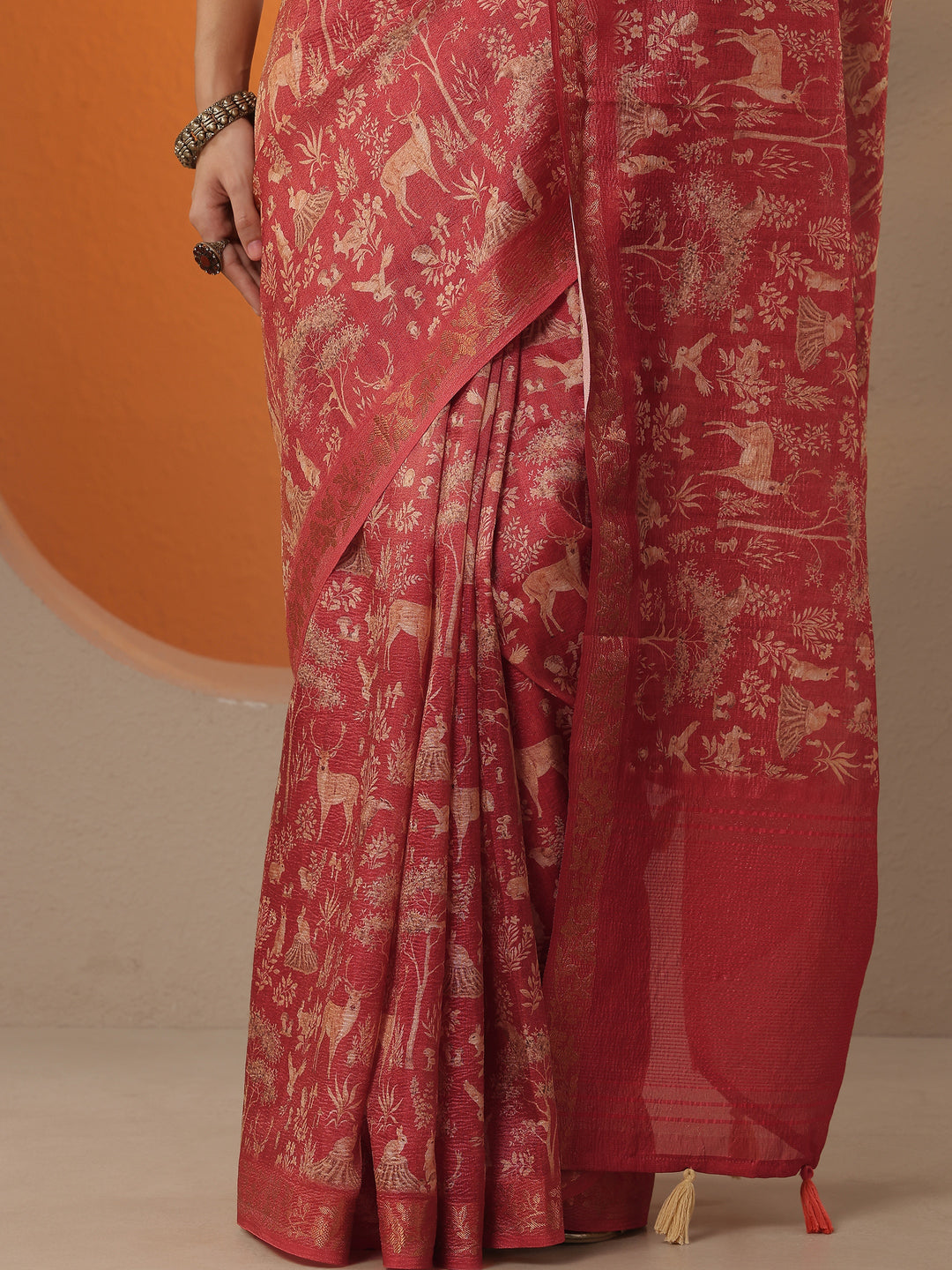  Red Tribal Printed Chinon Saree With Unstitched Blouse Piece 