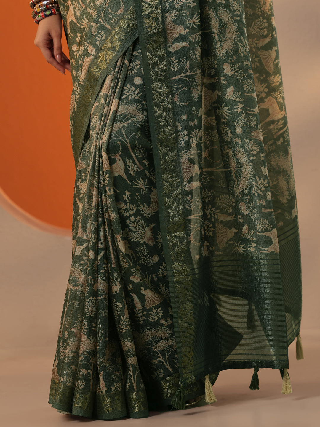  Green Tribal Printed Chinon Saree With Unstitched Blouse Piece 