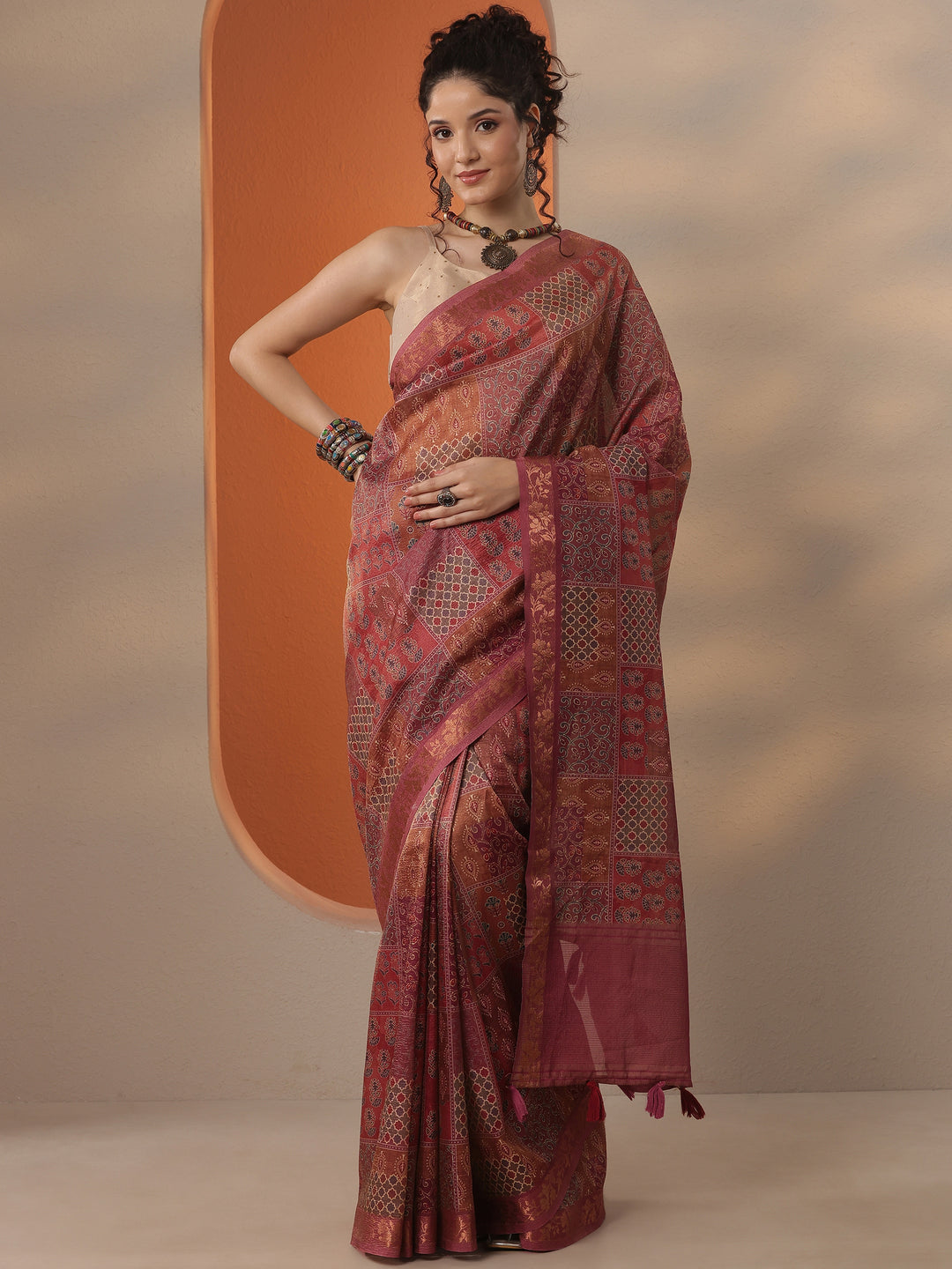  Burgundy Printed Chinon Saree With Unstitched Blouse Piece 
