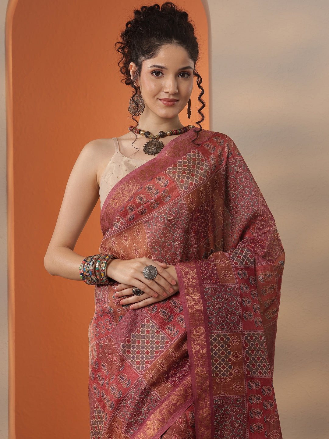  Burgundy Printed Chinon Saree With Unstitched Blouse Piece 