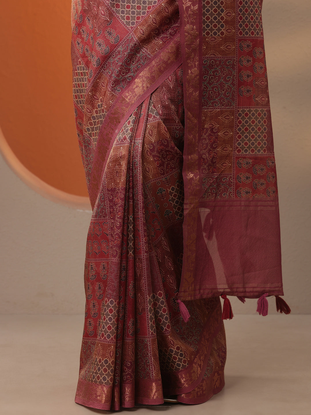  Burgundy Printed Chinon Saree With Unstitched Blouse Piece 