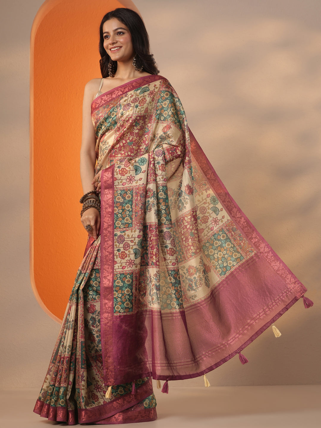  Multi Printed Chinon Saree With Unstitched Blouse Piece 