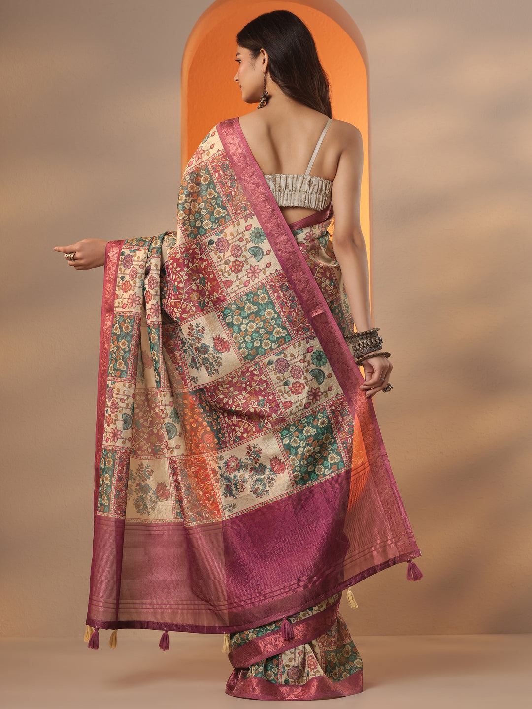  Multi Printed Chinon Saree With Unstitched Blouse Piece 