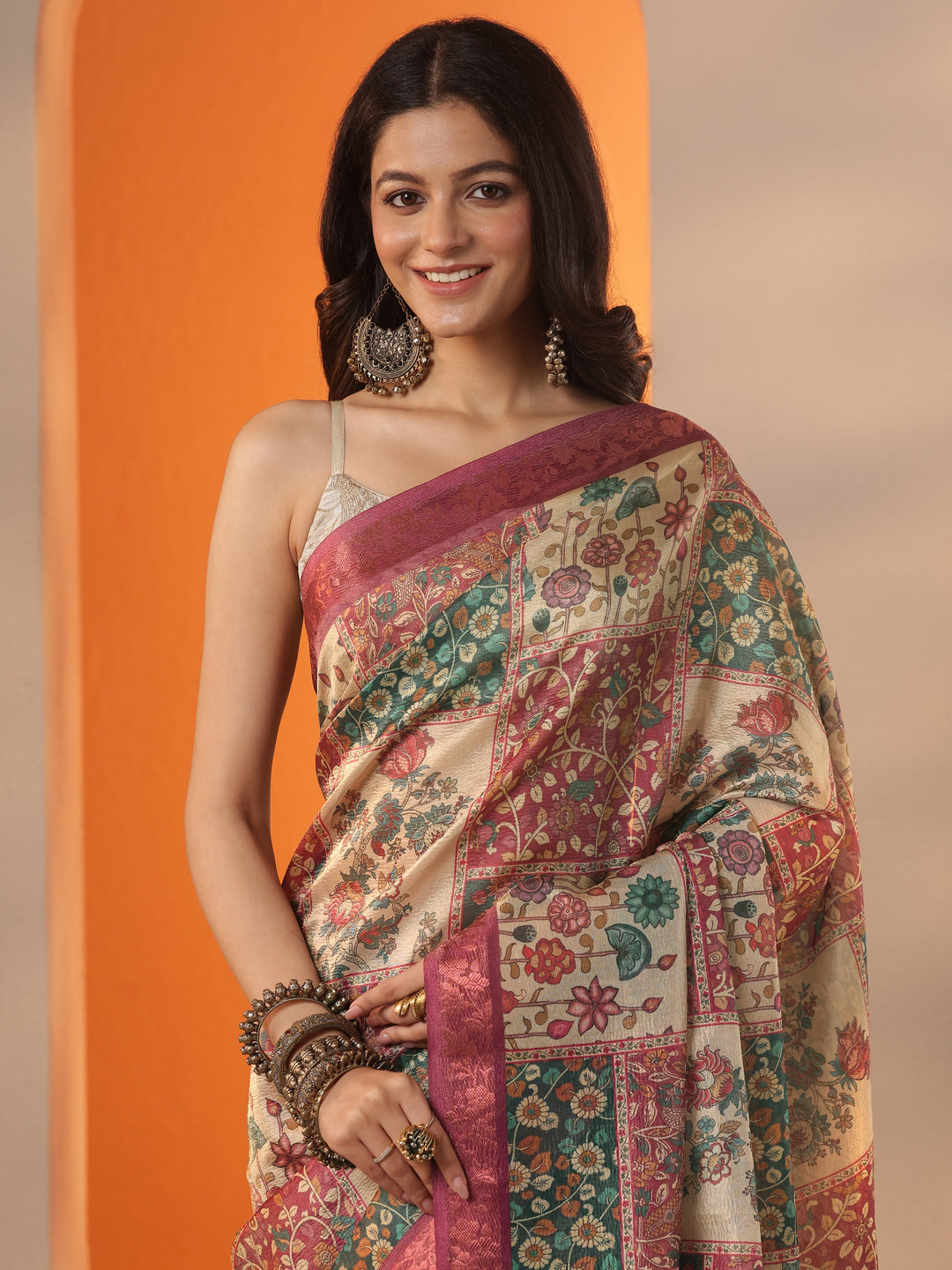  Multi Printed Chinon Saree With Unstitched Blouse Piece 