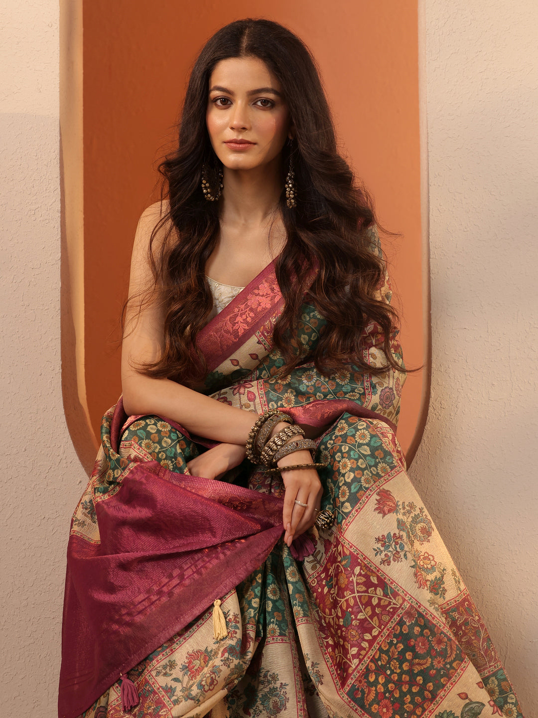  Multi Printed Chinon Saree With Unstitched Blouse Piece 