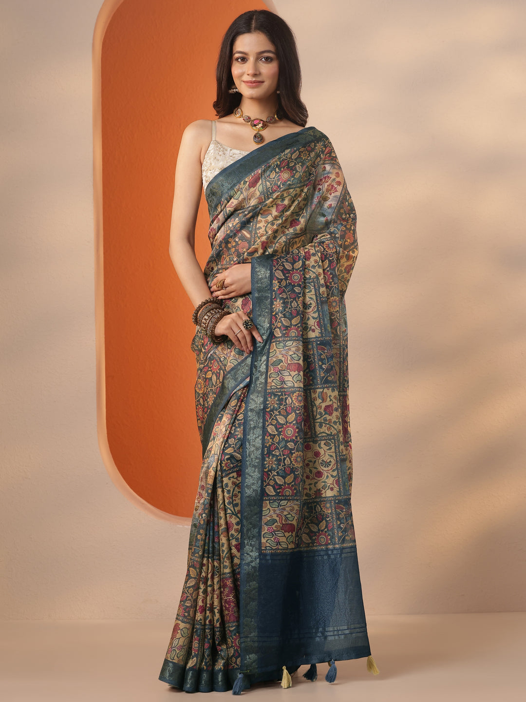  Multi Printed Chinon Saree With Unstitched Blouse Piece 