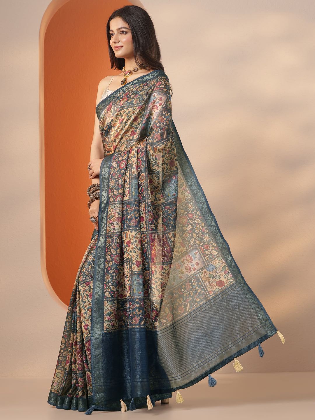  Multi Printed Chinon Saree With Unstitched Blouse Piece 