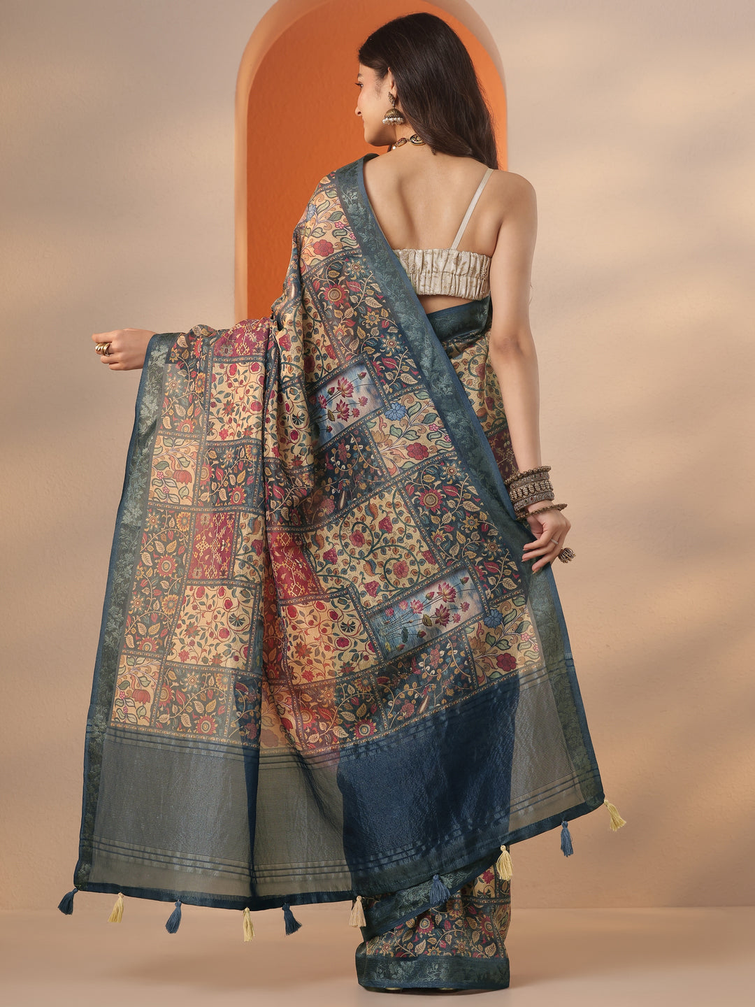  Multi Printed Chinon Saree With Unstitched Blouse Piece 