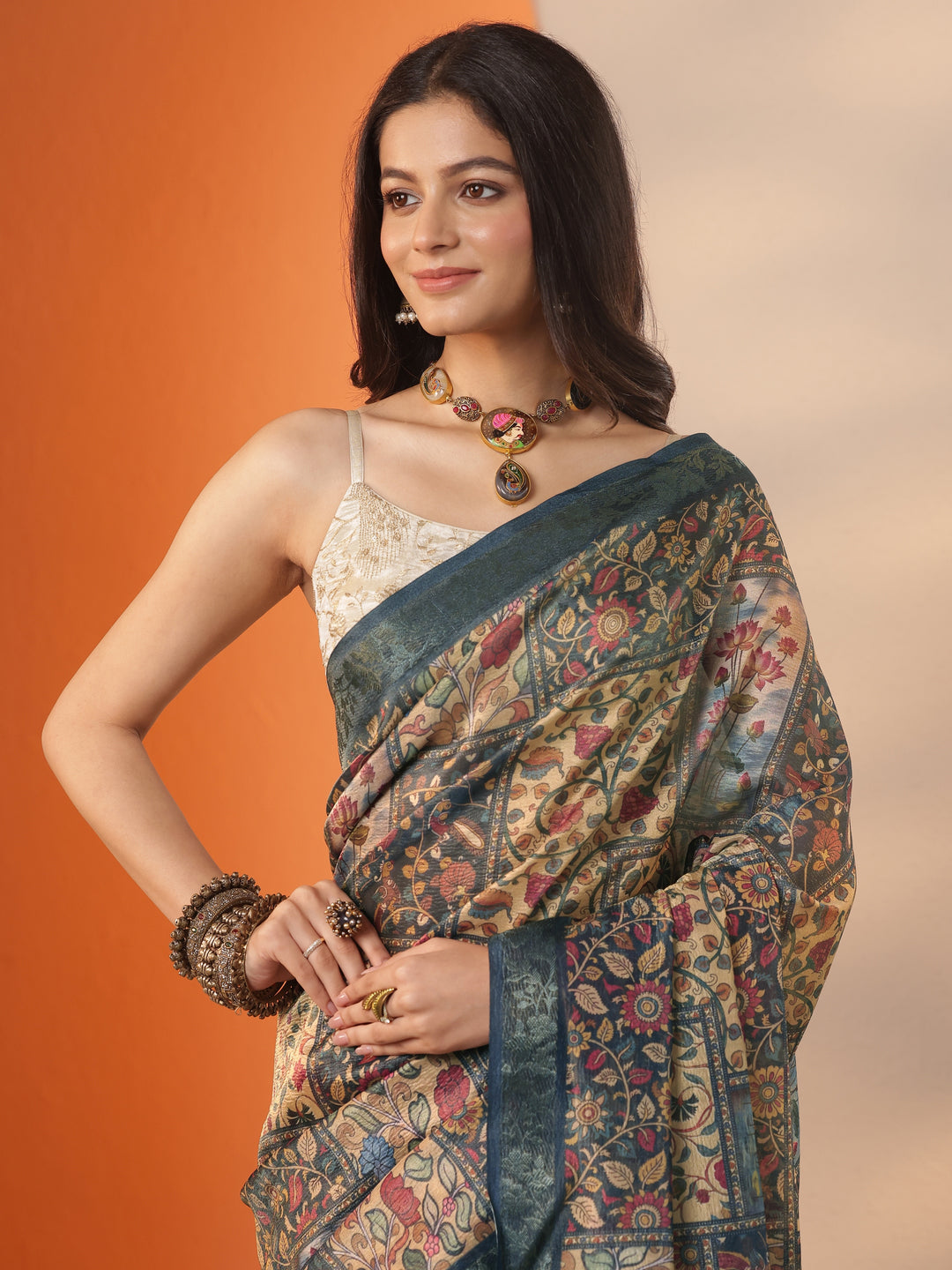  Multi Printed Chinon Saree With Unstitched Blouse Piece 