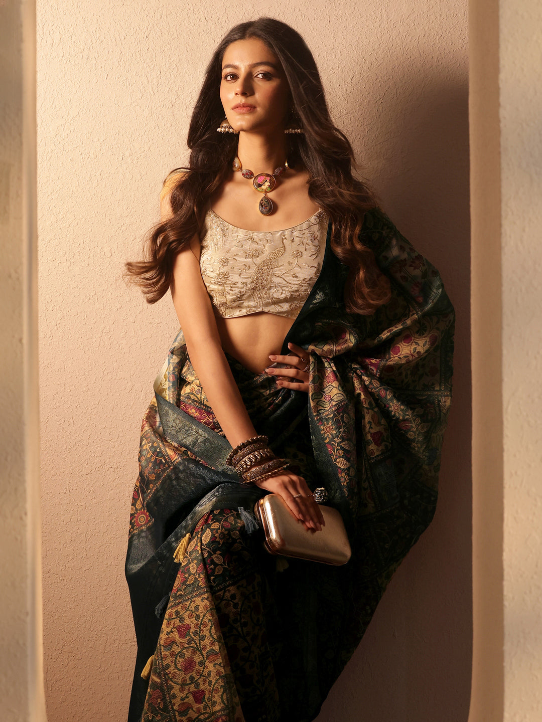  Multi Printed Chinon Saree With Unstitched Blouse Piece 