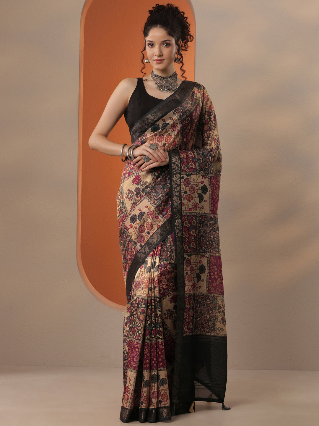  Multi Printed Chinon Saree With Unstitched Blouse Piece 