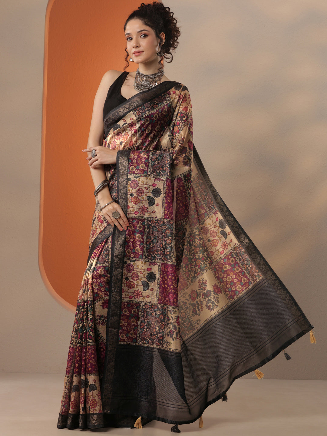  Multi Printed Chinon Saree With Unstitched Blouse Piece 