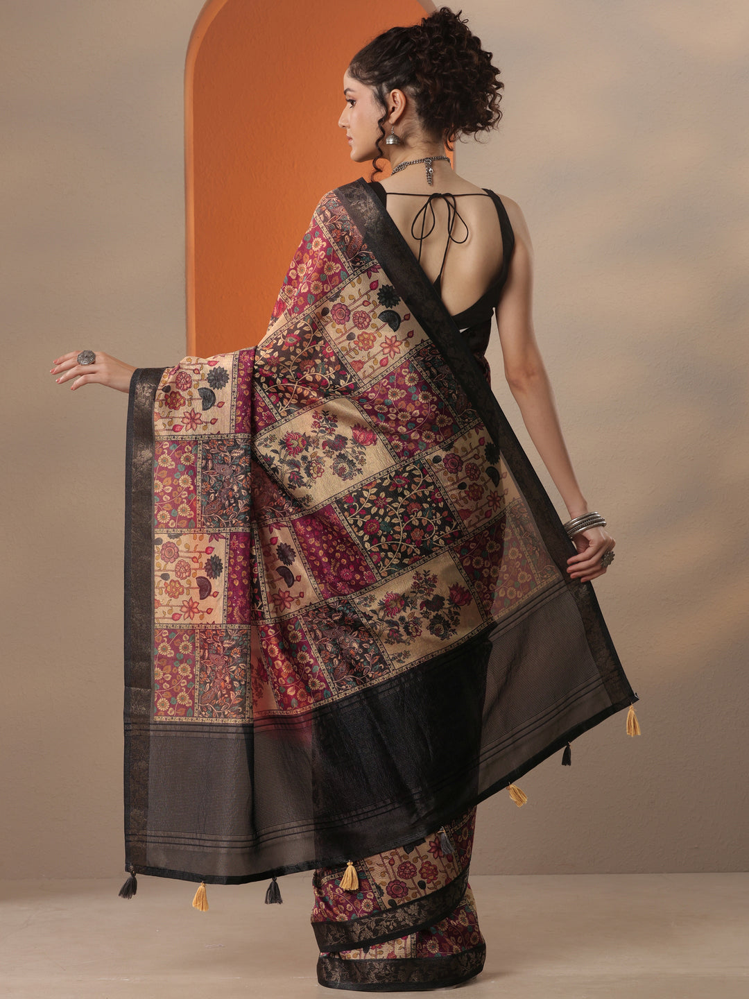  Multi Printed Chinon Saree With Unstitched Blouse Piece 