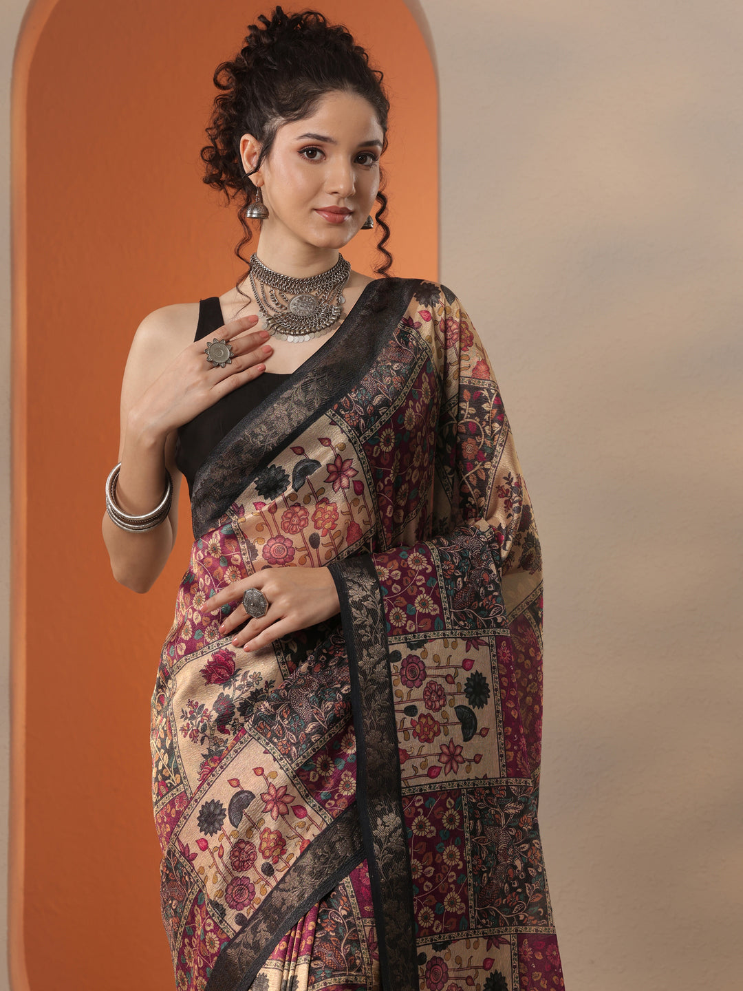  Multi Printed Chinon Saree With Unstitched Blouse Piece 