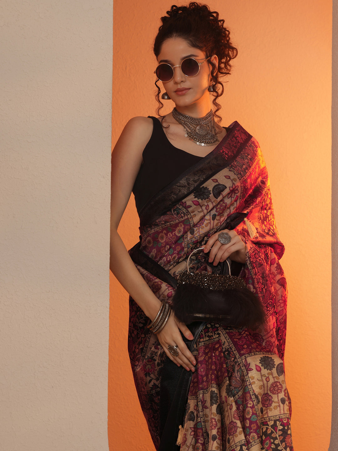  Multi Printed Chinon Saree With Unstitched Blouse Piece 