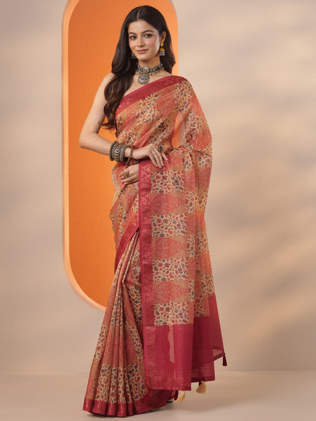  Multi Printed Chinon Saree With Unstitched Blouse Piece 