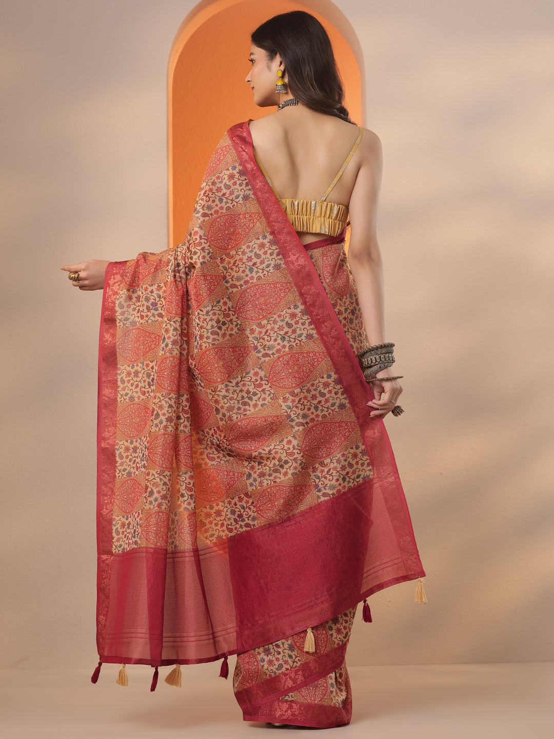  Multi Printed Chinon Saree With Unstitched Blouse Piece 