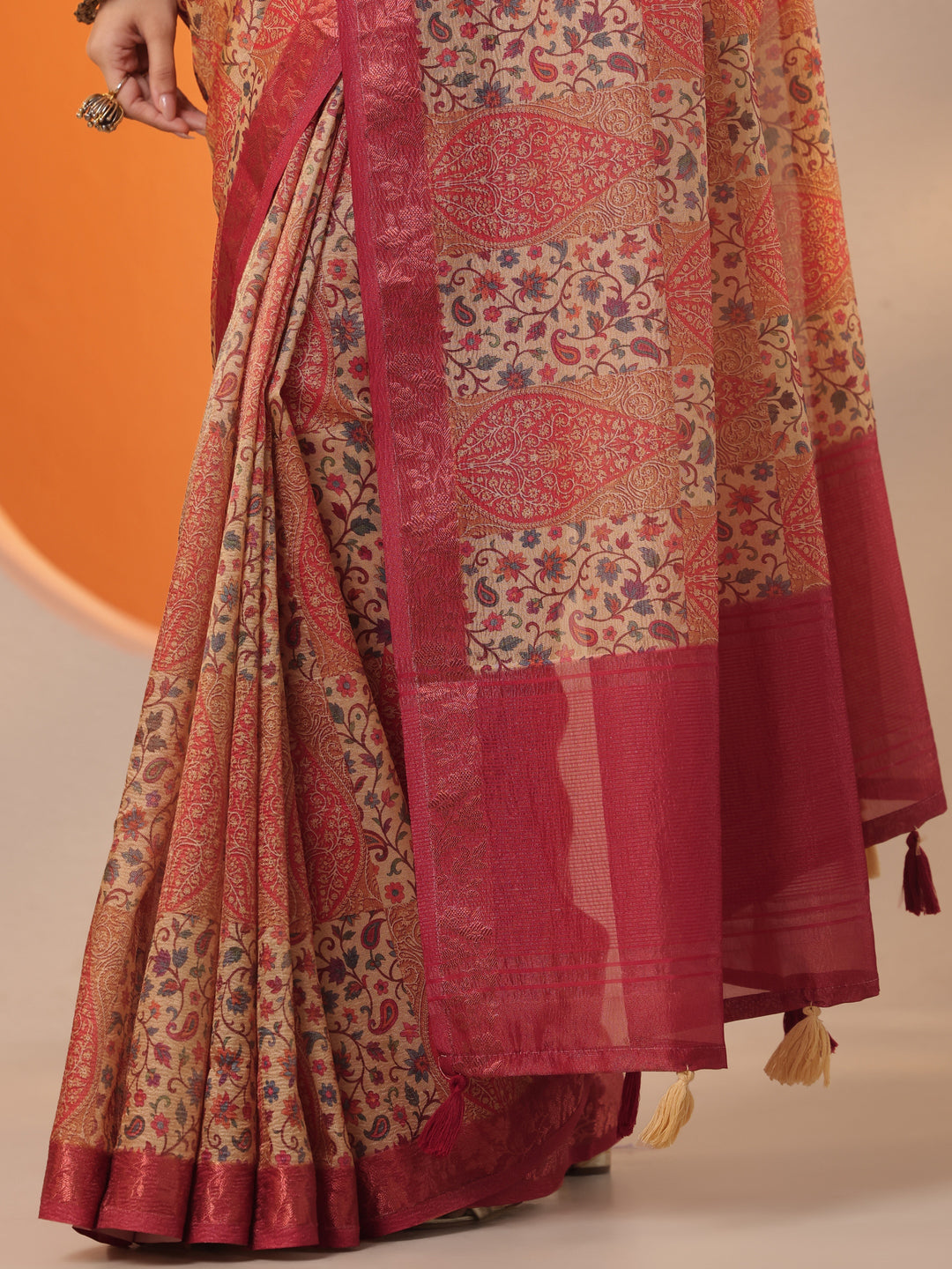  Multi Printed Chinon Saree With Unstitched Blouse Piece 
