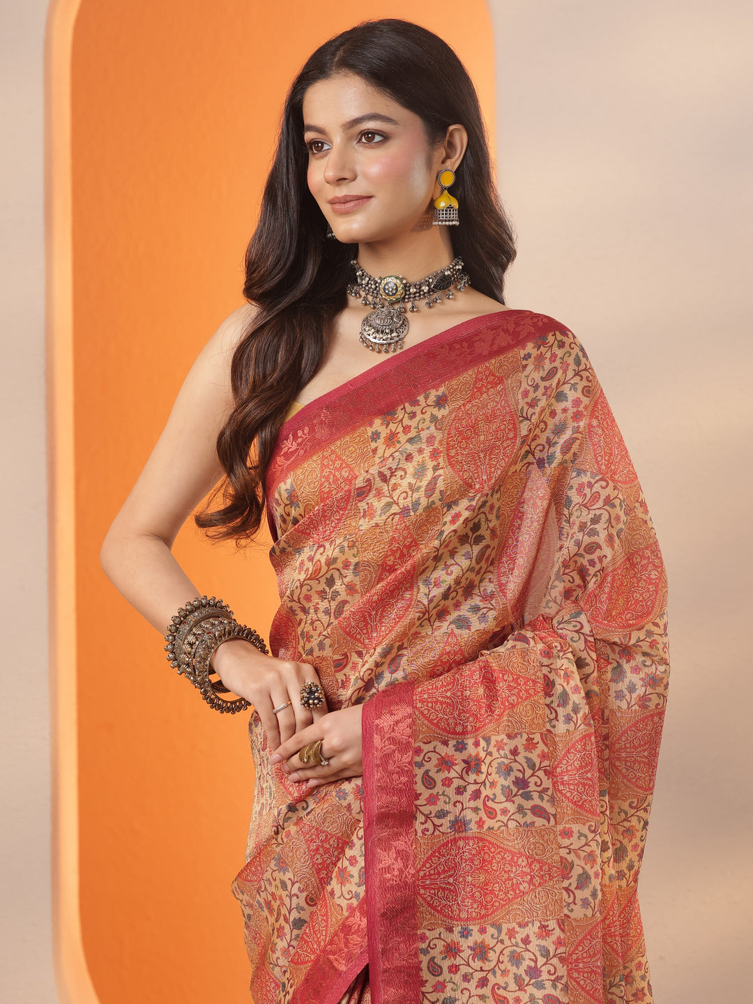  Multi Printed Chinon Saree With Unstitched Blouse Piece 
