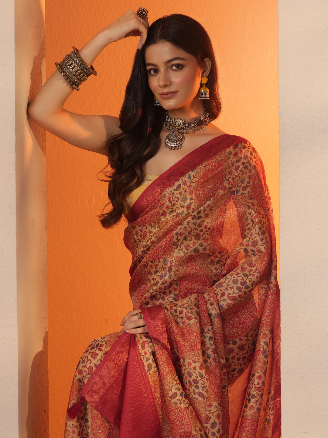  Multi Printed Chinon Saree With Unstitched Blouse Piece 