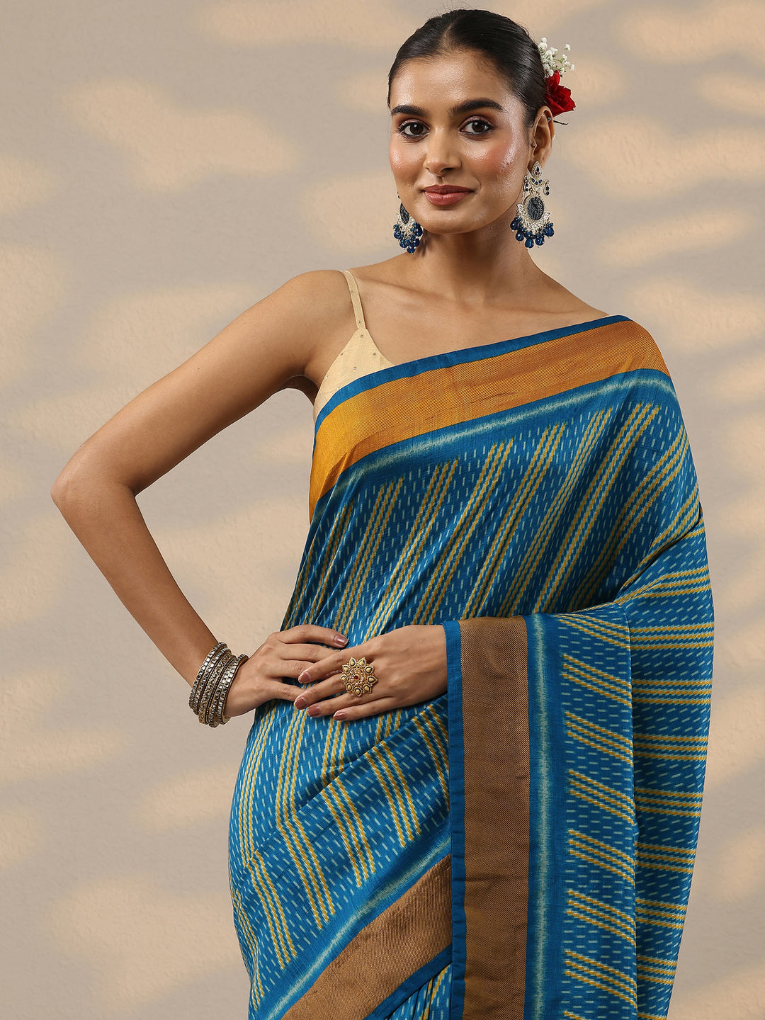  Blue Printed Silk Blend Saree With Unstitched Blouse Piece 