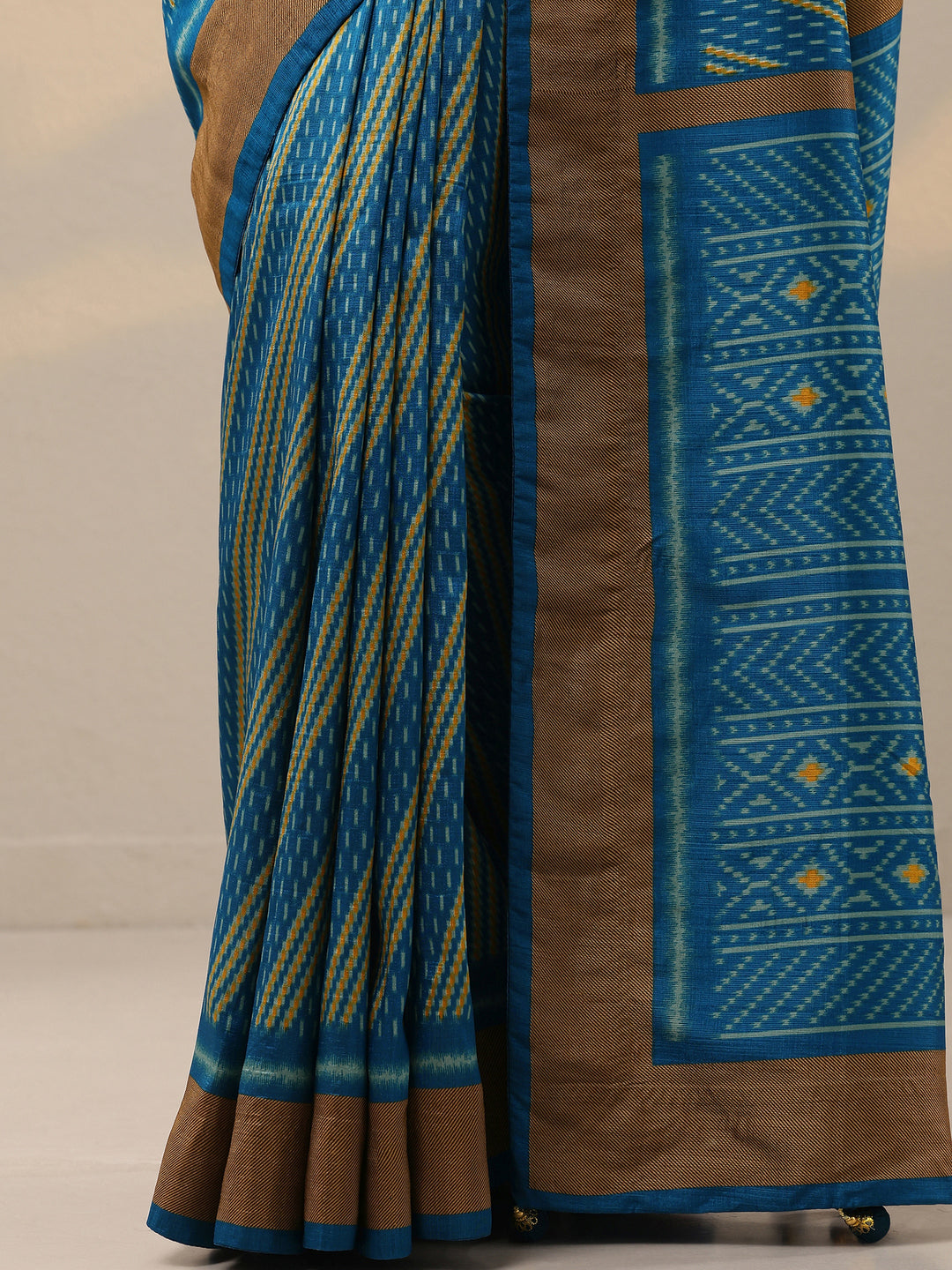  Blue Printed Silk Blend Saree With Unstitched Blouse Piece 