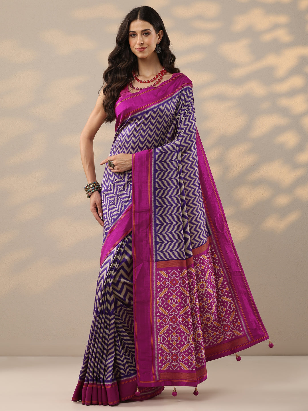 Purple Leheriya Printed Silk Blend Saree With Unstitched Blouse Piece 
