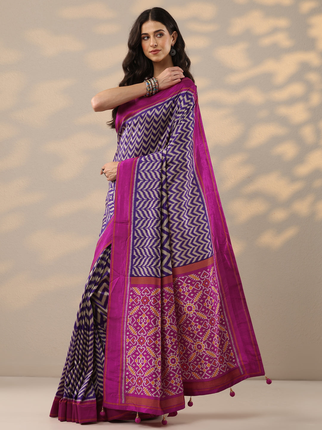  Purple Leheriya Printed Silk Blend Saree With Unstitched Blouse Piece 